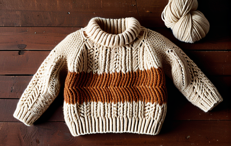 **Prompt:** A cozy, earth-toned children's winter outfit featuring a chunky knit sweater with geometric patterns, paired with corduroy pants. The scene is set in a rustic Portuguese workshop filled with yarn and knitting needles, showcasing artisan craftsmanship. Focus on the soft texture of Merino wool or organic cotton.