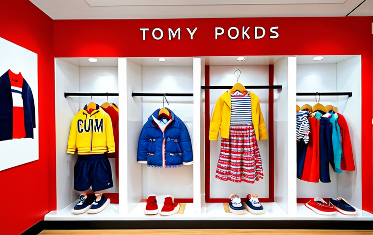 **Image Prompt:** A vibrant and playful children's clothing collection display, showcasing both modern designs and classic styles. Focus on bright colors and high-quality fabrics, highlighting the comfort and durability of the garments. Include happy children interacting with the clothes. Brands like Beanpole Kids and Tommy Hilfiger Kids.