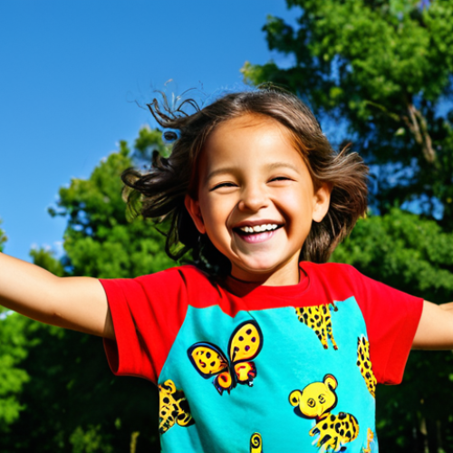 Home 23 A joyful child, around 5-7 years old, playing actively in a sunlit park. The child is wearing a vibrant, high-quality, fully clothed, and brightly colored cotton t-shirt with a playful animal print. The clothing is modest and allows for full range of motion. The background features lush green trees and a clear blue sky. The child has a wide, natural smile, conveying pure happiness and freedom. The image showcases perfect anatomy, correct proportions, well-formed hands, and natural body proportions. This is a professional outdoor shot, appropriate content, safe for work, and family-friendly.