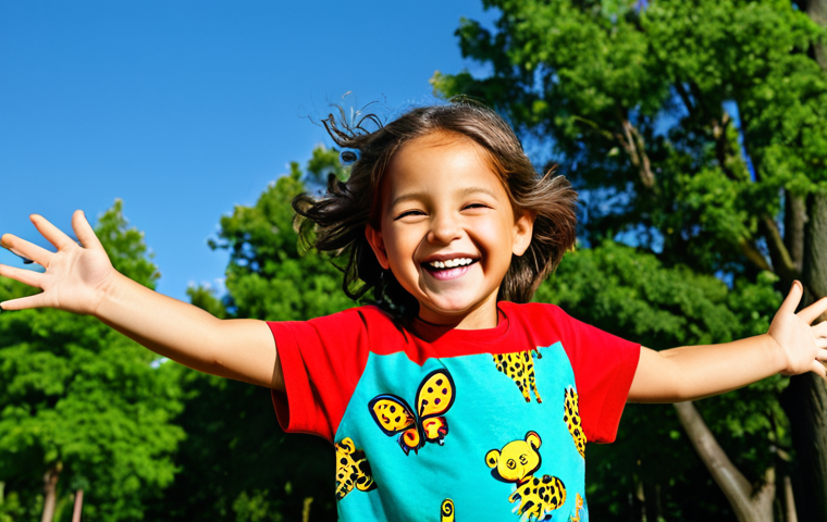 A joyful child, around 5-7 years old, playing actively in a sunlit park. The child is wearing a vibrant, high-quality, fully clothed, and brightly colored cotton t-shirt with a playful animal print. The clothing is modest and allows for full range of motion. The background features lush green trees and a clear blue sky. The child has a wide, natural smile, conveying pure happiness and freedom. The image showcases perfect anatomy, correct proportions, well-formed hands, and natural body proportions. This is a professional outdoor shot, appropriate content, safe for work, and family-friendly.