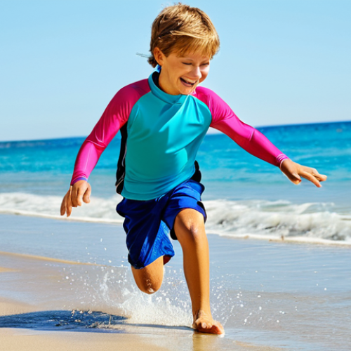 Home 22 A joyful young child, approximately 6 years old, wearing a vibrant, long-sleeve rash guard with FPU 50+ protection and modest swim shorts. The rash guard appears lightweight, quick-drying, and flexible. The child is playfully running and splashing at the edge of clear, blue ocean water on a sunny beach, their movements conveying total freedom and comfort. The scene features soft, golden sand and calm, sparkling water under a clear blue sky. Professional studio photography, natural daylight, sharp focus, vibrant colors, detailed texture, perfect anatomy, correct proportions, natural pose, well-formed hands, proper finger count, natural body proportions, safe for work, appropriate content, fully clothed, modest clothing, family-friendly.
