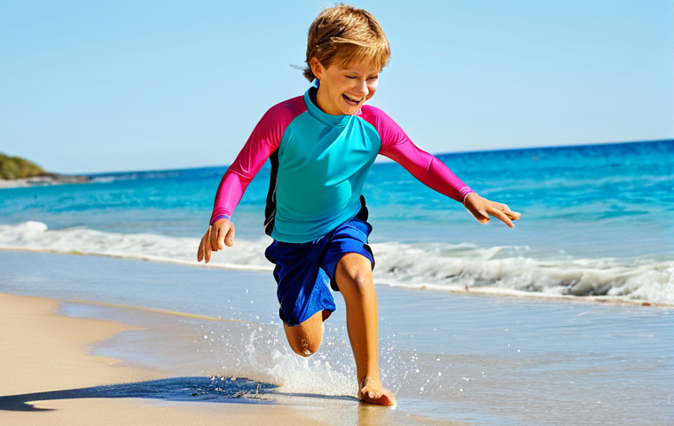 A joyful young child, approximately 6 years old, wearing a vibrant, long-sleeve rash guard with FPU 50+ protection and modest swim shorts. The rash guard appears lightweight, quick-drying, and flexible. The child is playfully running and splashing at the edge of clear, blue ocean water on a sunny beach, their movements conveying total freedom and comfort. The scene features soft, golden sand and calm, sparkling water under a clear blue sky. Professional studio photography, natural daylight, sharp focus, vibrant colors, detailed texture, perfect anatomy, correct proportions, natural pose, well-formed hands, proper finger count, natural body proportions, safe for work, appropriate content, fully clothed, modest clothing, family-friendly.