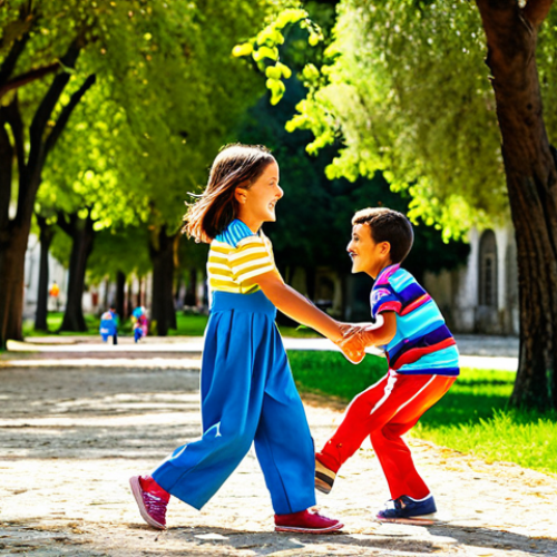 Home 9 Colorful Children Playing in a Park**
"Children's clothing advertisement, three happy children (ages 4-7) playing in a sunny park in Lisbon, Portugal. They are wearing brightly colored, durable play clothes, perfect for outdoor adventures. Focus on joyful movement and authentic smiles. Background includes the Jerónimos Monastery and green trees. Professional photography, high resolution, vibrant colors, family-friendly, appropriate attire, safe for work."
**