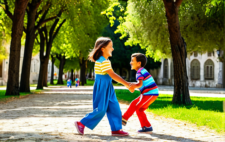 Colorful Children Playing in a Park**
"Children's clothing advertisement, three happy children (ages 4-7) playing in a sunny park in Lisbon, Portugal. They are wearing brightly colored, durable play clothes, perfect for outdoor adventures. Focus on joyful movement and authentic smiles. Background includes the Jerónimos Monastery and green trees. Professional photography, high resolution, vibrant colors, family-friendly, appropriate attire, safe for work."
**