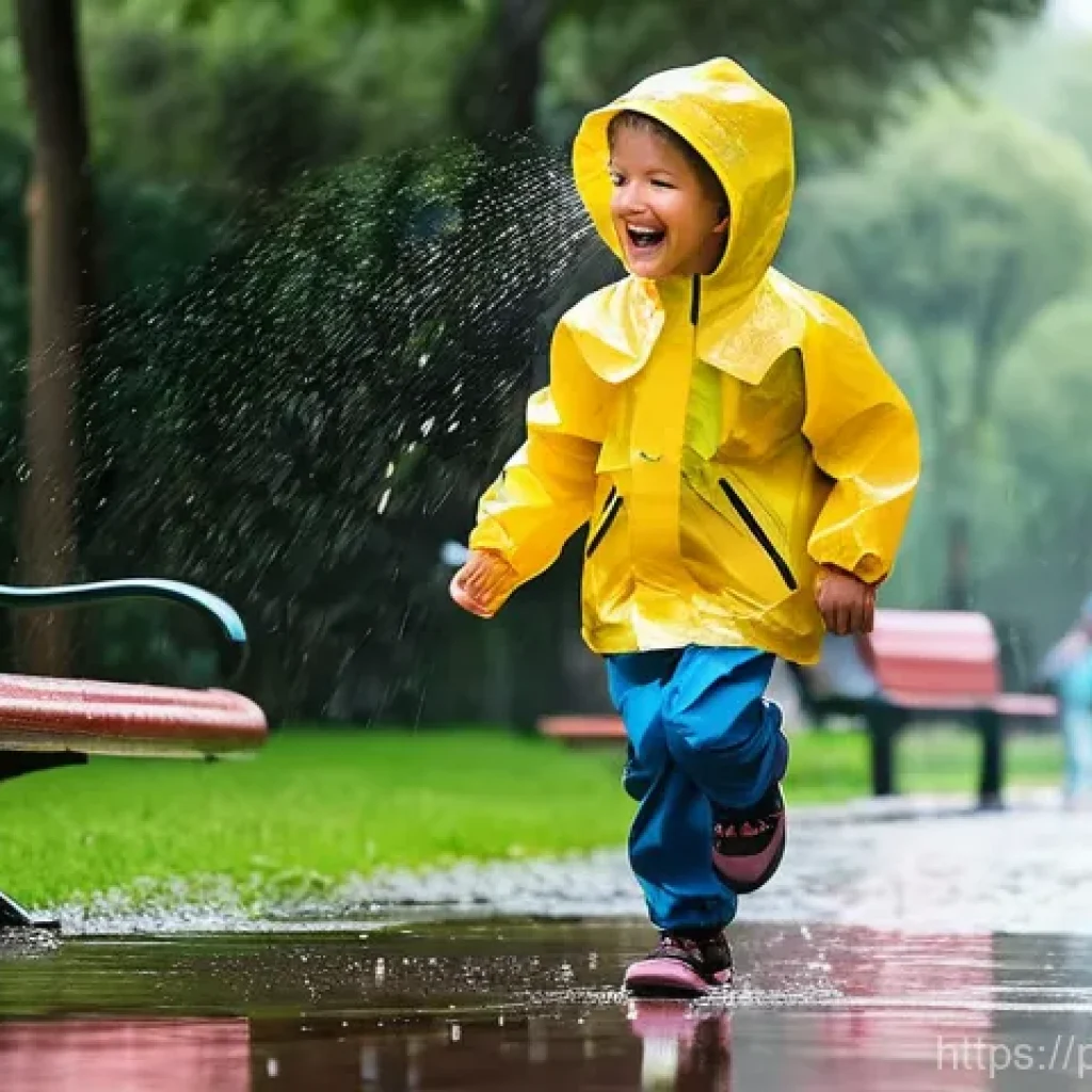 아동용 방수 자켓 브랜드 - **Vibrant Rain Adventure in a Portuguese Park:** A group of cheerful children, aged 5-10, are energe...