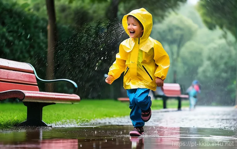 아동용 방수 자켓 브랜드 - **Vibrant Rain Adventure in a Portuguese Park:** A group of cheerful children, aged 5-10, are energe...