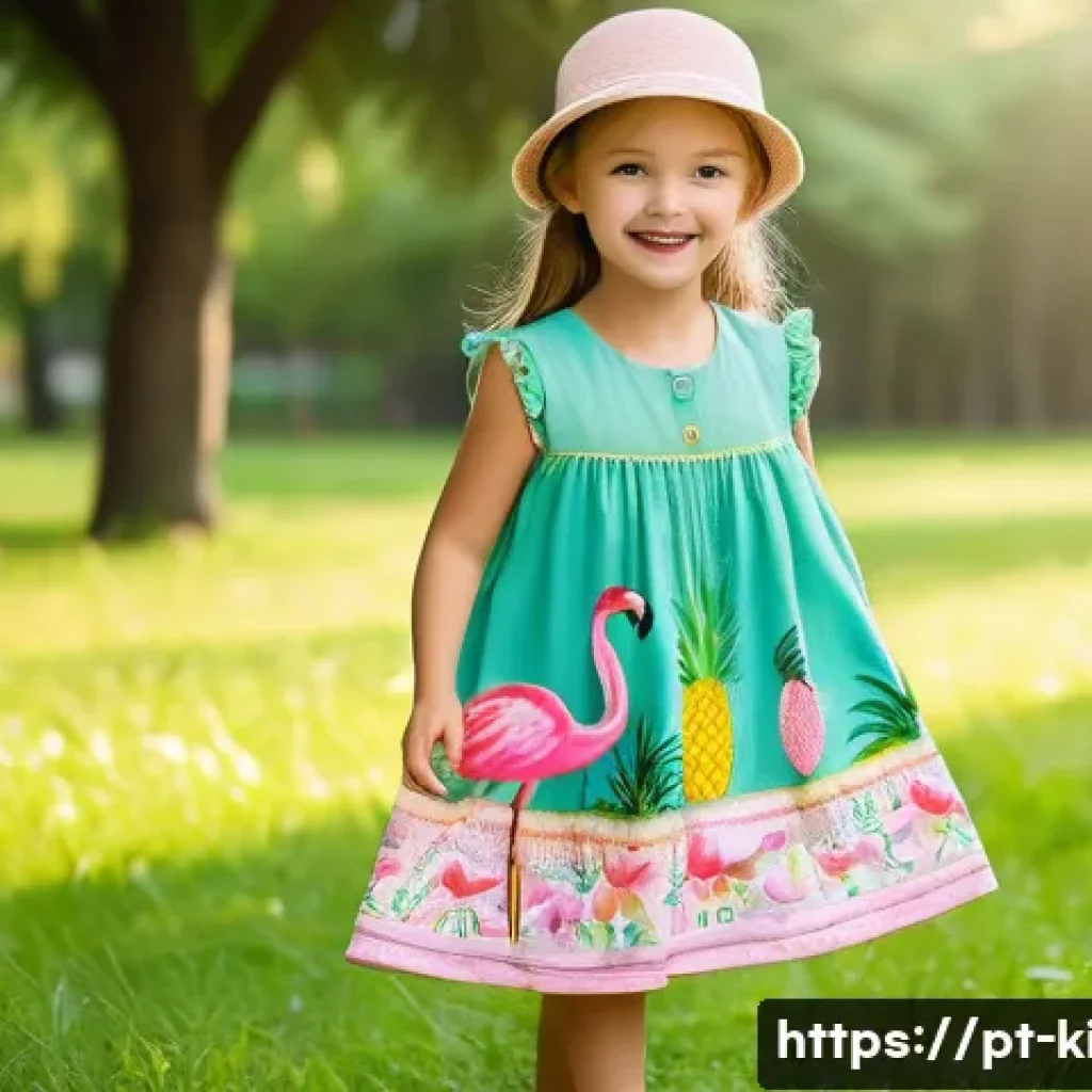 아동용 여름 드레스 브랜드 - A cheerful young girl wearing a loose-fitting, sleeveless cotton summer dress with a tropical fruit ...