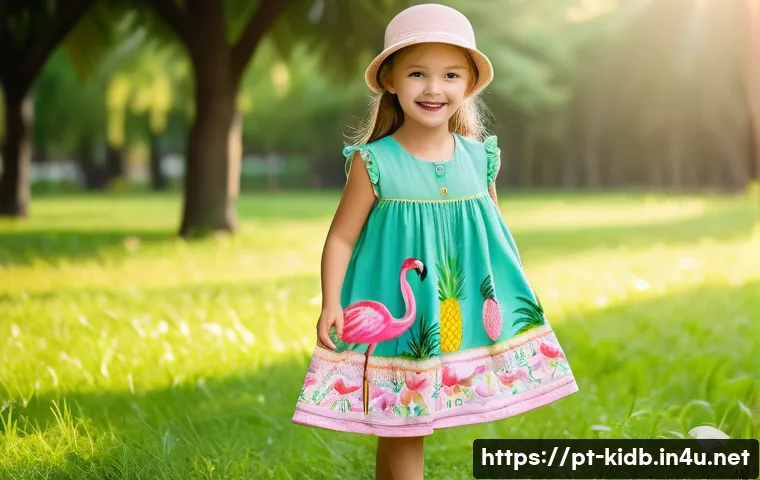 아동용 여름 드레스 브랜드 - A cheerful young girl wearing a loose-fitting, sleeveless cotton summer dress with a tropical fruit ...