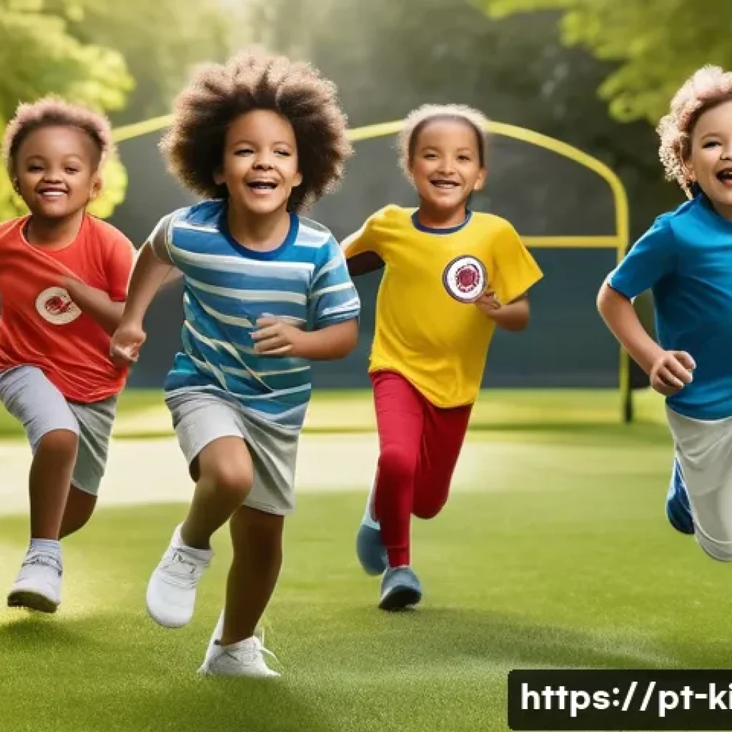 MLB키즈의 스포츠웨어 추천 - A joyful scene of children playing outdoors in a sunny park, wearing vibrant MLB Kids sportswear mad...