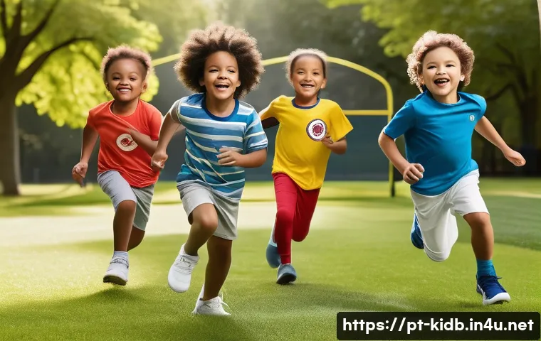 MLB키즈의 스포츠웨어 추천 - A joyful scene of children playing outdoors in a sunny park, wearing vibrant MLB Kids sportswear mad...