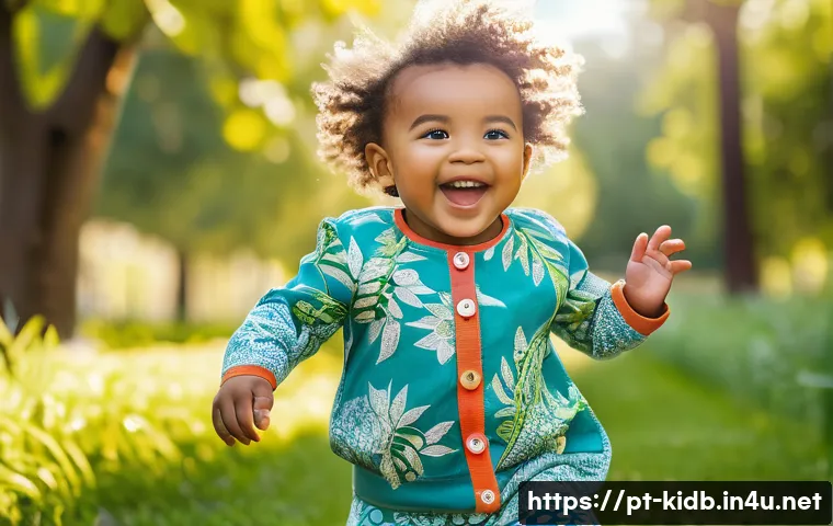 아동복 브랜드의 차별점 - A joyful toddler wearing soft, organic cotton clothing with adjustable waistbands and elastic cuffs,...