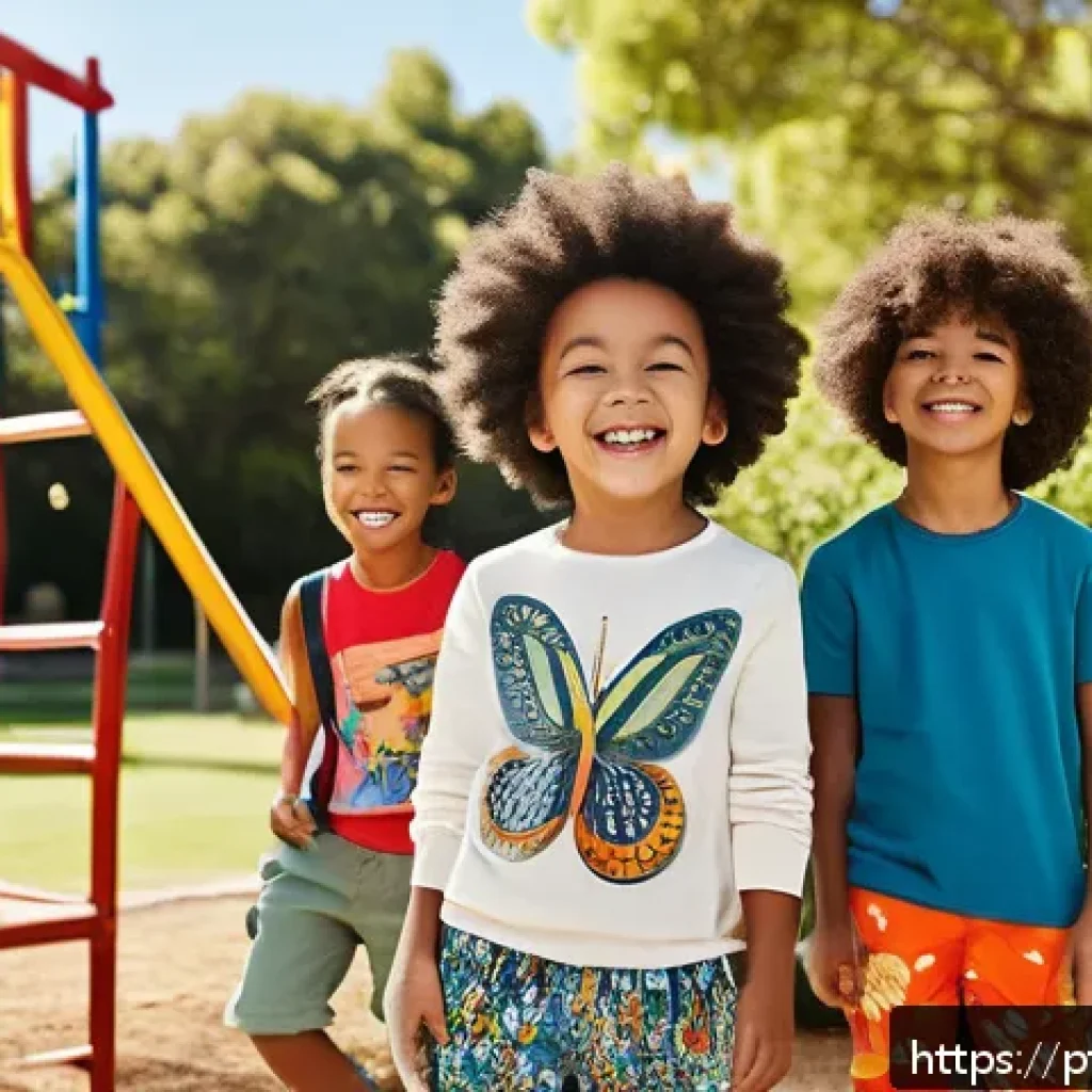 자라키즈와 H M 키즈의 가격대 - A vibrant and playful children's wardrobe scene featuring a diverse group of kids aged 3 to 8, dress...