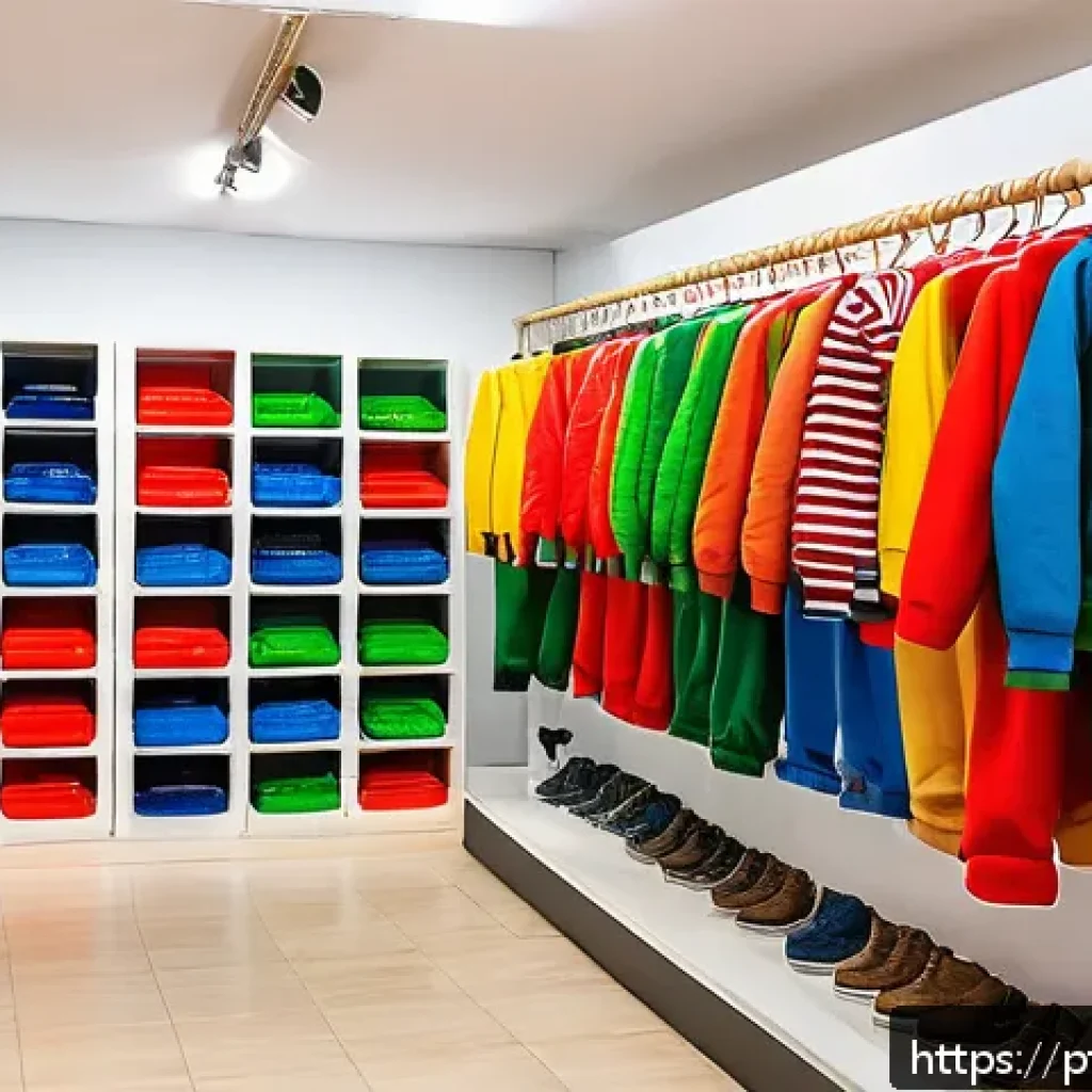 아동복 세일 기간 정리 - A vibrant and cheerful children's clothing store interior during a winter clearance sale in Brazil, ...