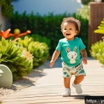 Home 22 키즈 패션 브랜드 추천 - A joyful toddler wearing soft, breathable organic cotton clothing with vibrant educational prints fe...