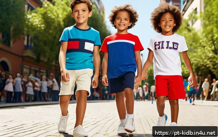 타미힐피거 키즈와 버버리키즈 비교 - A vibrant scene showcasing children playing outdoors wearing Tommy Hilfiger Kids clothing: include b...