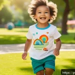 Home 20 아동 캐릭터 티셔츠 브랜드 - A cheerful young child wearing a short-sleeve cotton t-shirt featuring a licensed character with exc...