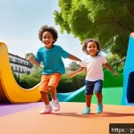 Home 19 슈펜키즈 아동화 추천 - A vibrant and playful scene featuring a group of children aged 3 to 8 years old wearing colorful Sch...