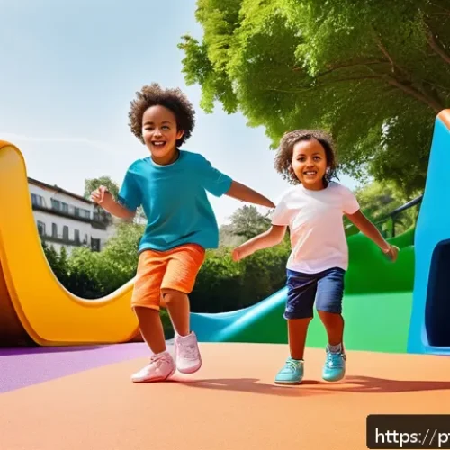 Home 31 슈펜키즈 아동화 추천 - A vibrant and playful scene featuring a group of children aged 3 to 8 years old wearing colorful Sch...