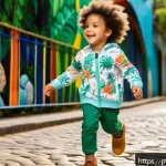 Home 18 키즈 의류 브랜드의 특징 - A lively scene of a young Brazilian child, wearing soft organic cotton clothing with vibrant, playfu...
