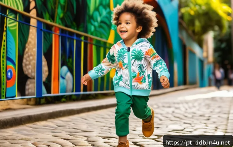 키즈 의류 브랜드의 특징 - A lively scene of a young Brazilian child, wearing soft organic cotton clothing with vibrant, playfu...