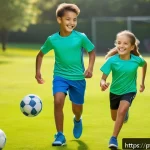 Home 23 지프키즈와 MLB키즈의 운동복 - A lively scene of a young boy and girl playing soccer in a sunny park, both wearing breathable, ligh...