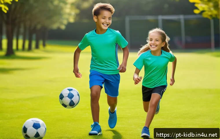 지프키즈와 MLB키즈의 운동복 - A lively scene of a young boy and girl playing soccer in a sunny park, both wearing breathable, ligh...