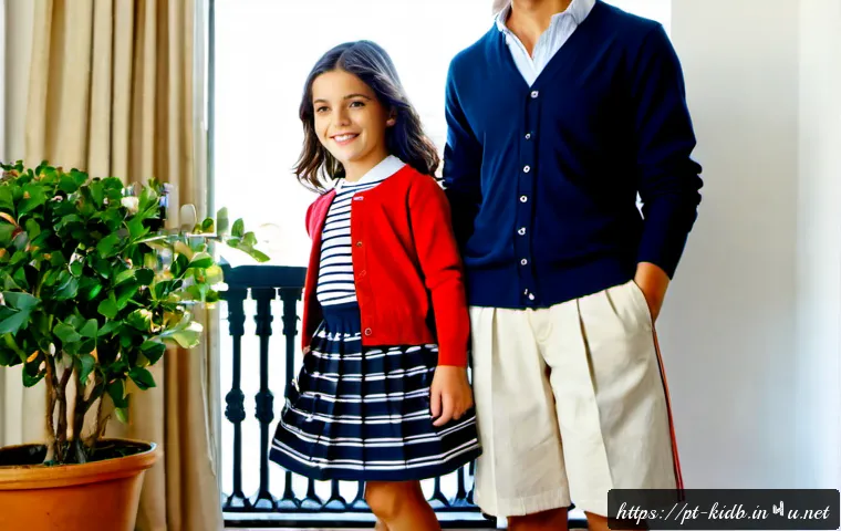 빈폴키즈와 타미힐피거 키즈 코디 - Photorealistic Portuguese family fashion editorial in a sunlit Lisbon apartment, two cheerful childr...