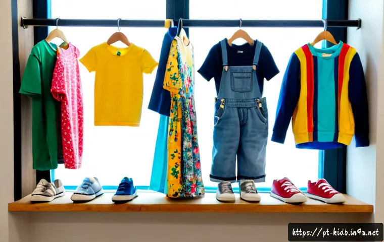 해피랜드 아동복 인기 상품 - Photorealistic Brazilian children’s fashion display in a bright, modern boutique, neatly arranged co...