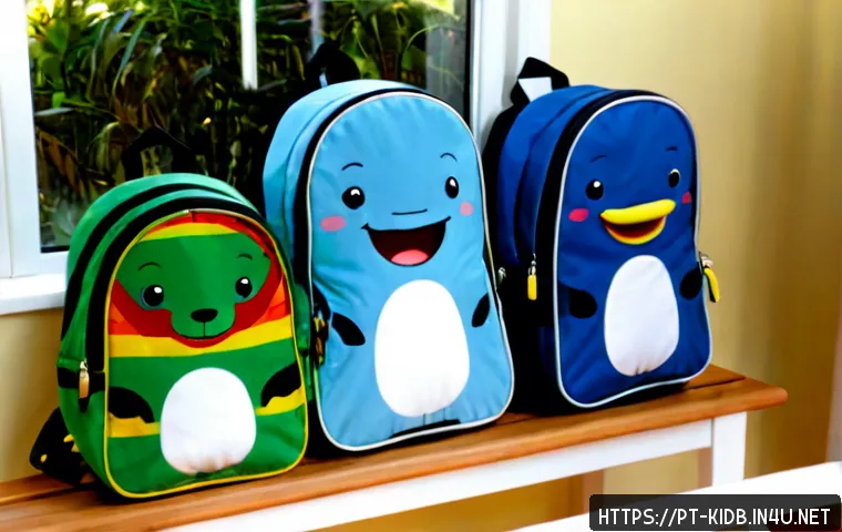 Home 17 아동용 캐릭터 가방 브랜드 - Photorealistic product comparison scene of three child-sized backpacks with original friendly charac...