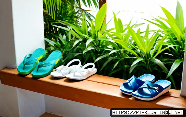 아동용 여름 신발 브랜드 - Photorealistic summer footwear display for children in a bright Brazilian family home, colorful ligh...