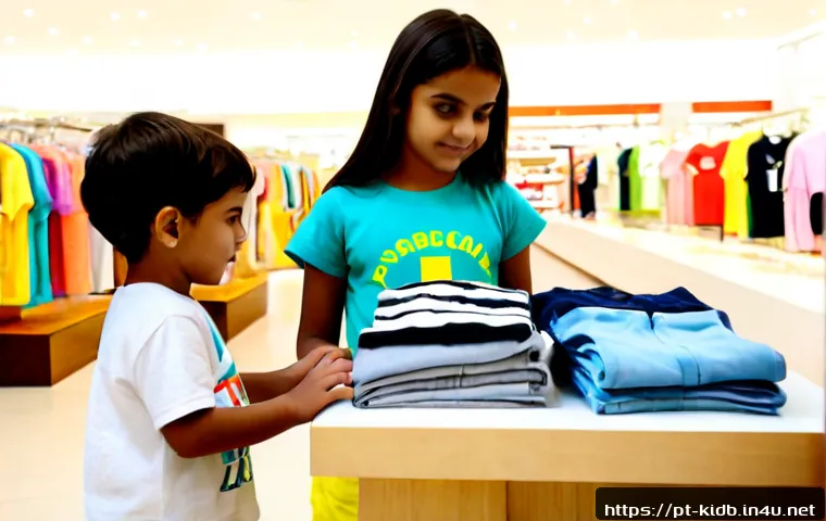 Home 17 유니클로 키즈라인 리뷰 - Photorealistic Brazilian mother and young child browsing a neatly organized kids clothing section in...